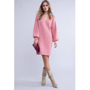 Rachel Parcell Sweater Dress Balloon Long Sleeve Pink V-Neck Wool Blend Size S